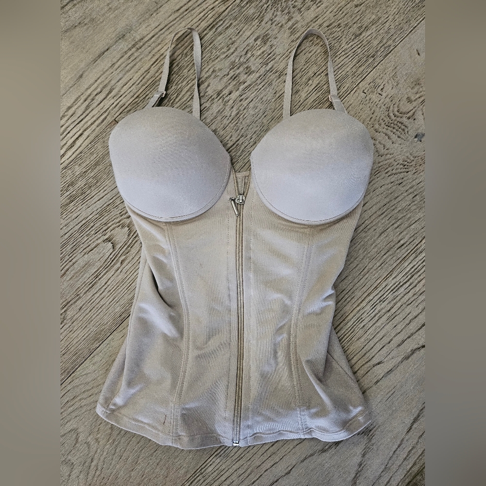 Leonisa Bustier Shapewear Top Nude Zip Front Bodysuit Corset Bra Womens 36
